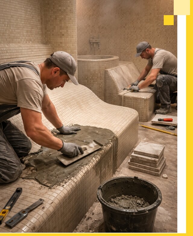 Лежаки для хамама под ключ в Курчатове, проект и монтаж